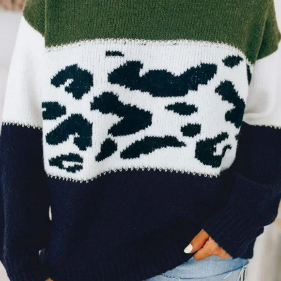 NWOT Colorblock Leopard spot splicing Sweater(211918) - Picture 6 of 8